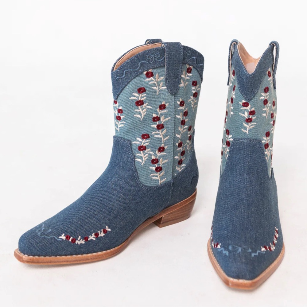 NWT - Ivy City Co Mini Blue Embroidered Denim Kids Boots - Brand new in box